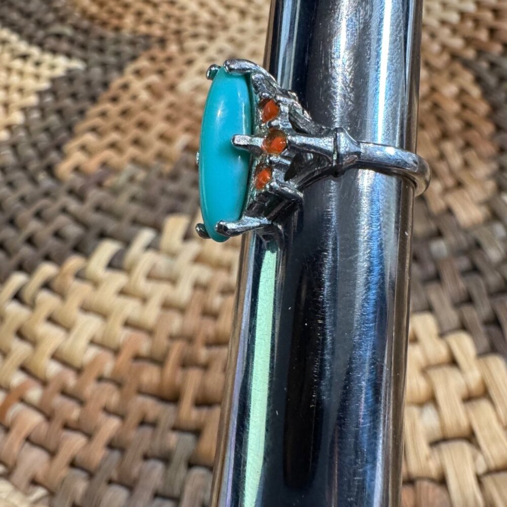 Vintage Silver Ring With Turquoise & Coral Gemstones Size 6 - 18KHGE Marked - Picture 8 of 9